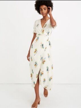 Madewell Cream Floral Wrap Midi Dress with Blue and Orange Blooms